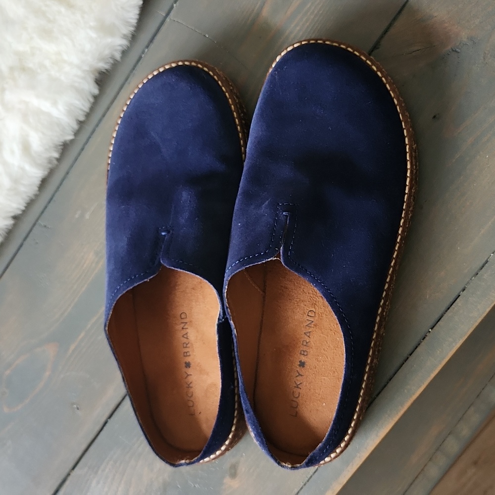 Lucky Brand Tamala Suede Slip on Mules Navy Blue Sz 8